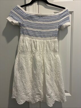 Flying Tomato White Eyelet Dress with Blue Knit Bodice